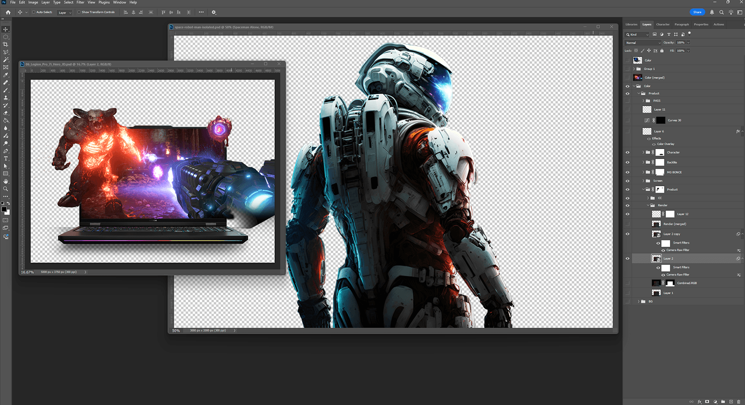 Photoshop workspace compositing a sci-fi space soldier illustration