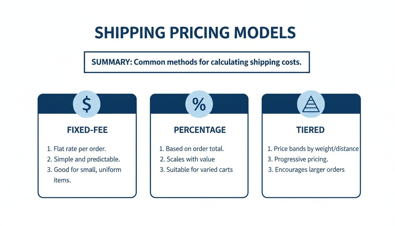 An infographic illustrating three shipping pricing models: fixed-fee, percentage, and tiered, with their key characteristics.