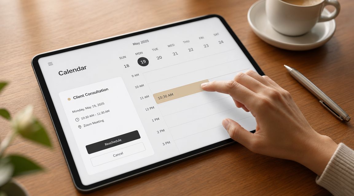 A person using a tablet to view and manage their digital calendar appointments on a desk.