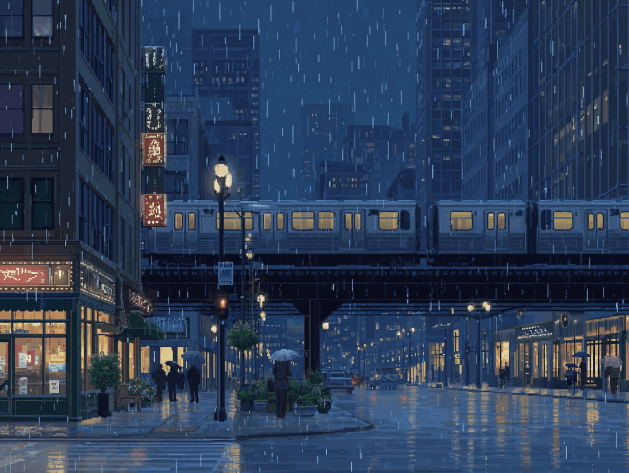 Pixel art of workers in large warehouse with boxes.