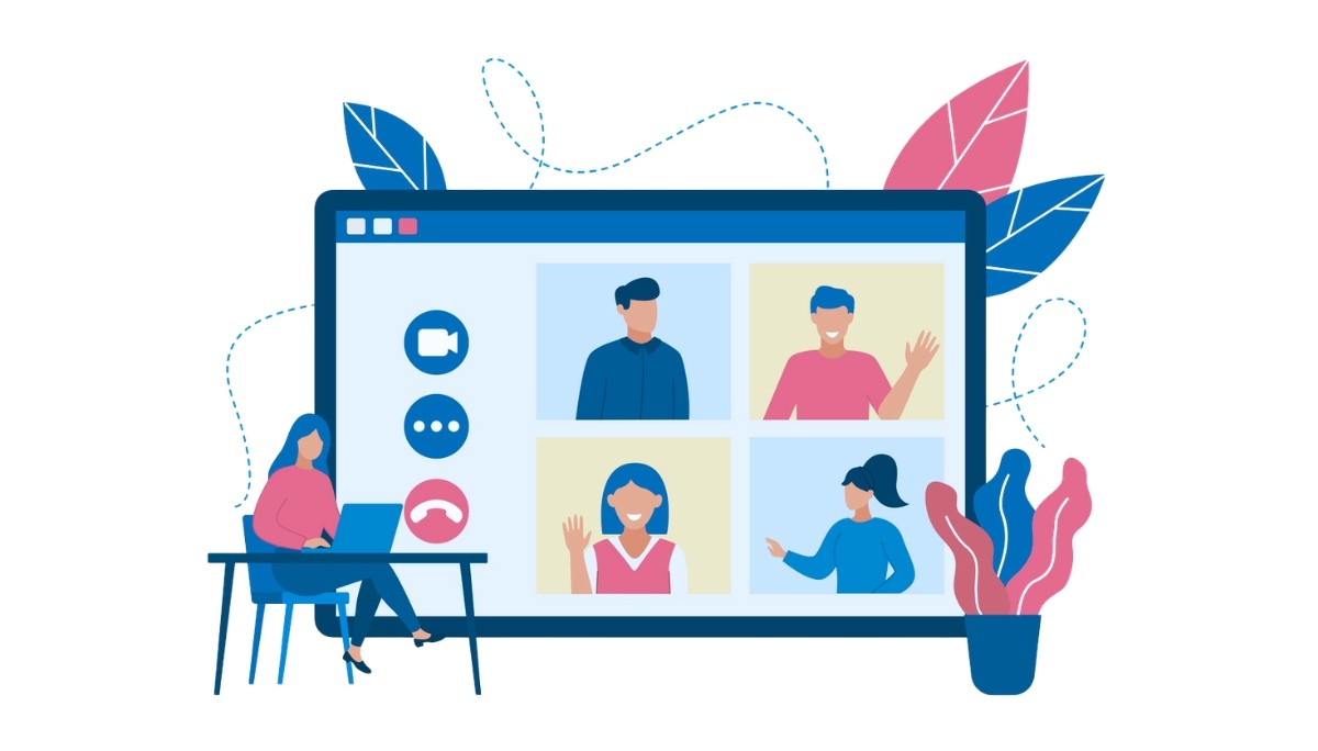 Illustration of a woman seated at a desk working on a computer, holding a paper while a large monitor behind her shows a rocket launch, surrounded by floating dollar signs, gears, paper airplanes, and a light bulb.