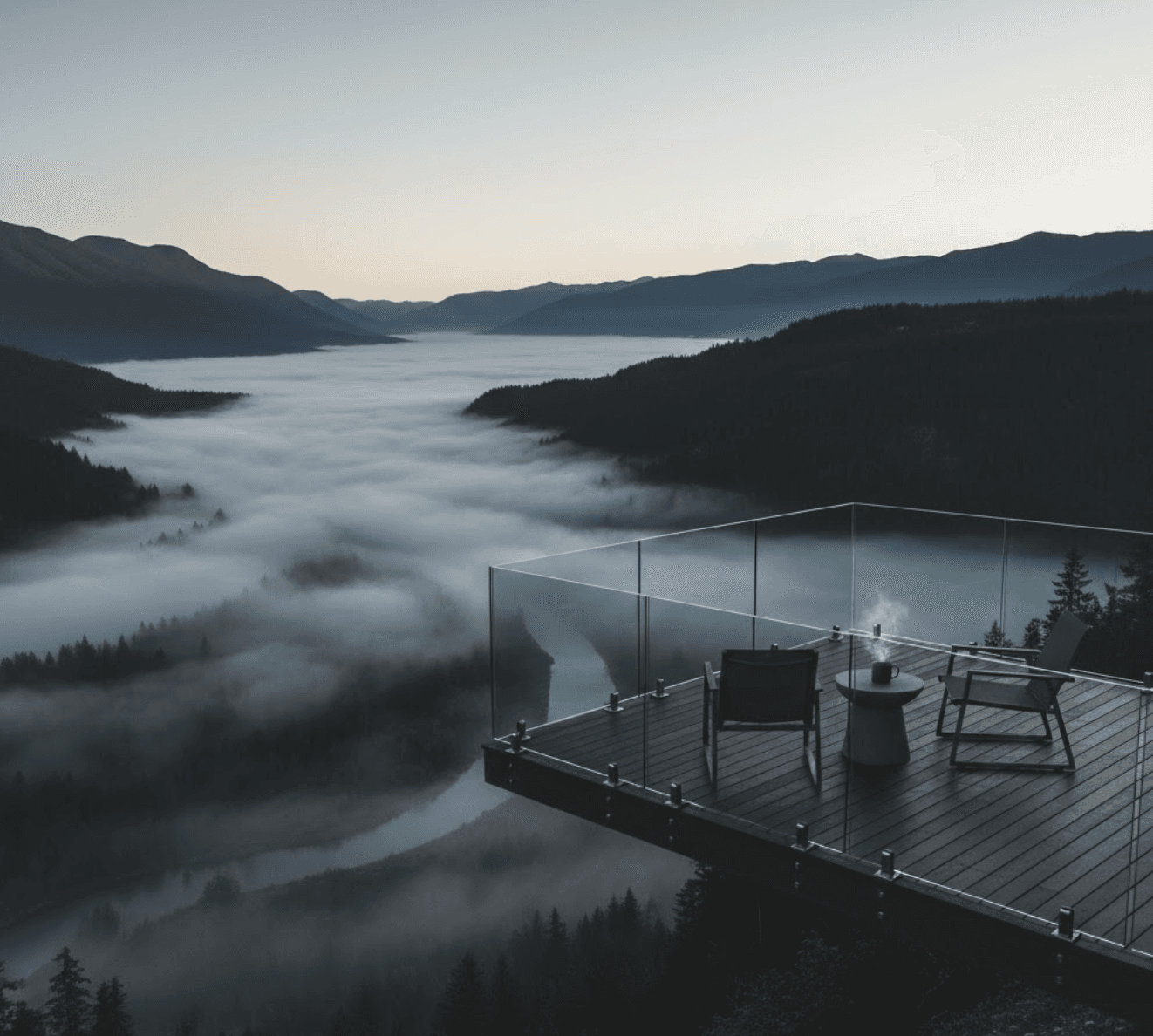 Hyper-realistic, wide-angle photograph of a sleek, small contemporary deck in the early morning fog of the Fraser Valley. The deck is cantilevered over a steep drop, overlooking a dramatic river vista. The entire perimeter uses a completely frameless, floor-mounted glass railing. The focus should be on the absence of the barrier. The deck furniture (two minimalist chairs and a small table) seems to float precariously and thrillingly on the very edge of the view. Use a cinematic, slightly desaturated color palette to emphasize the atmospheric depth, making the landscape beyond the glass look massive and immersive. The light should catch the glass edges just enough to show its transparency, reinforcing the feeling that the visible landscape is now part of the deck's usable space.