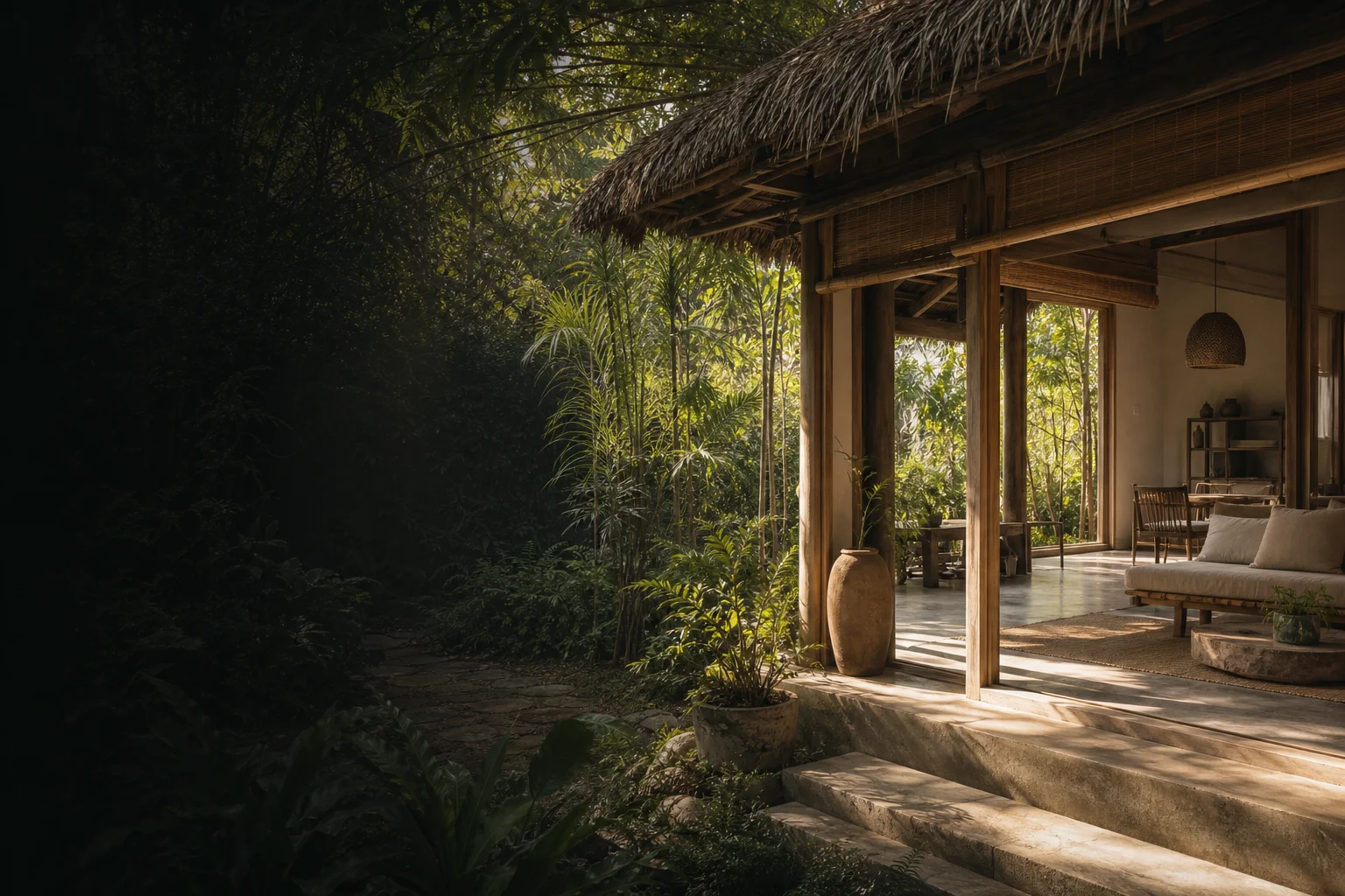 Warm homestay exterior and garden surrounded by tropical greenery