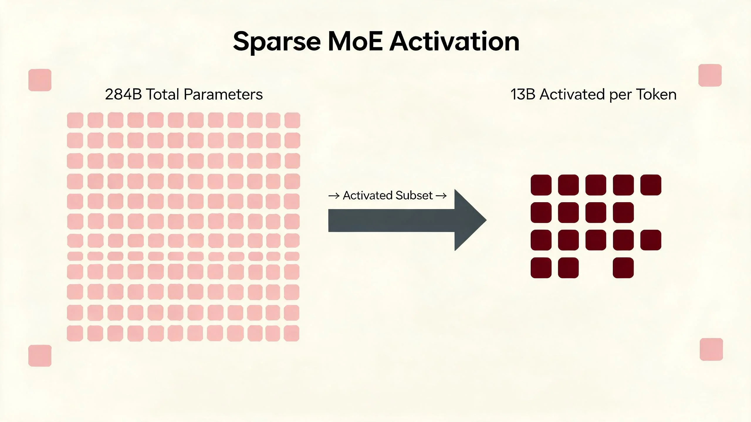 Diagram showing sparse MoE activation: 284B total parameters with only 13B activated per token