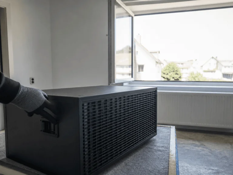 Eine Hand in einem grauen Arbeitshandschuh greift an den Tragegriff eines großen, schwarzen, quaderförmigen Lüftungs- oder Filtergeräts, das in einem hellen Raum vor einem geöffneten Fenster steht.
