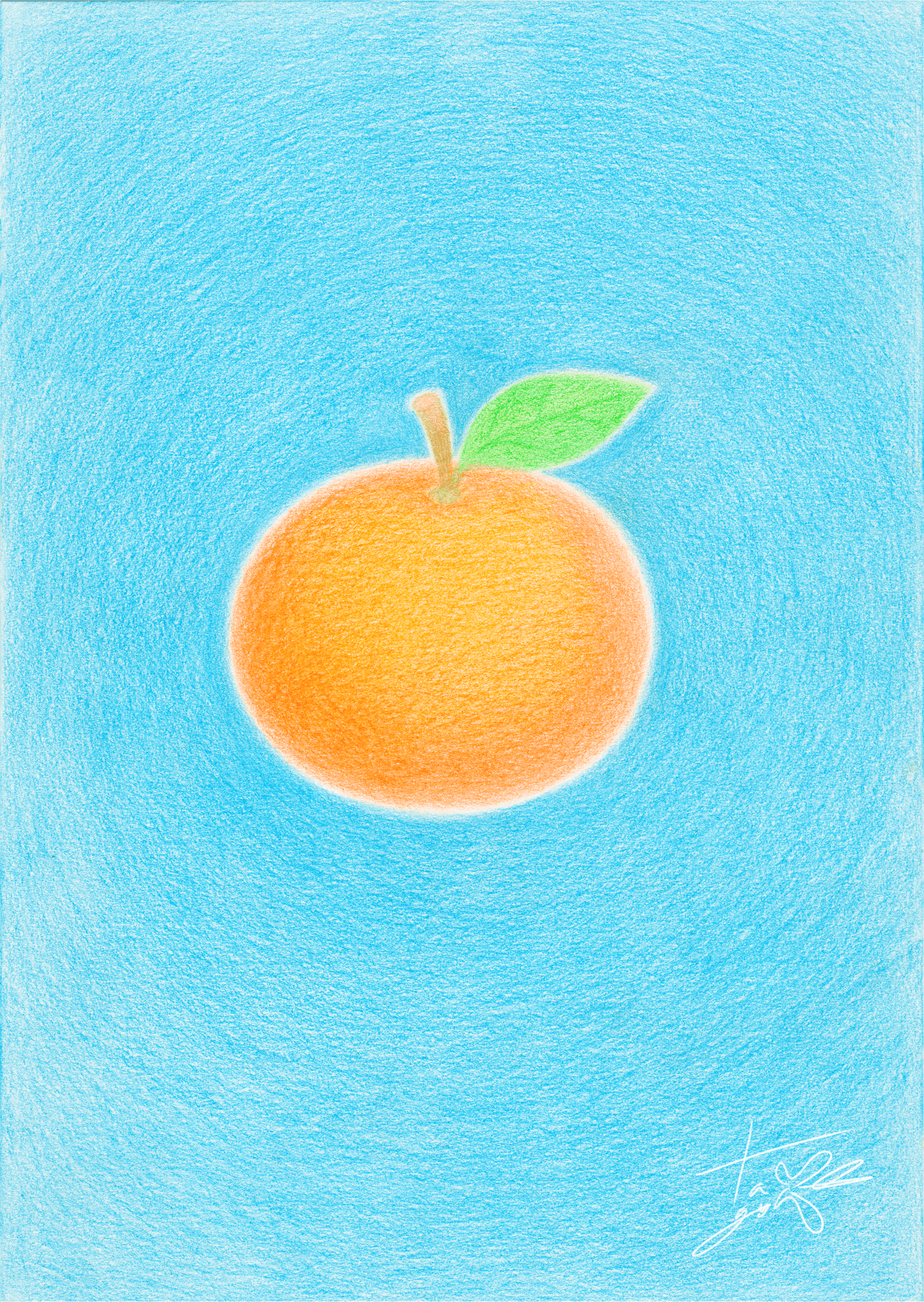 파란 하늘처럼 맑고 소용돌이치는 배경 위에, 주황빛이 은은하게 감도는 귤 한 알이 그려져 있습니다. 귤의 위쪽에는 밝은 연두빛 이파리 하나가 붙어 있고, 귤의 오른쪽 아래에는 손글씨처럼 부드러운 서명이 적혀 있습니다. 이 그림은 '귤빛연작' 시리즈의 첫 번째 그림으로, 허상의 공간에서 피어난 따뜻한 마음의 시작을 상징합니다.