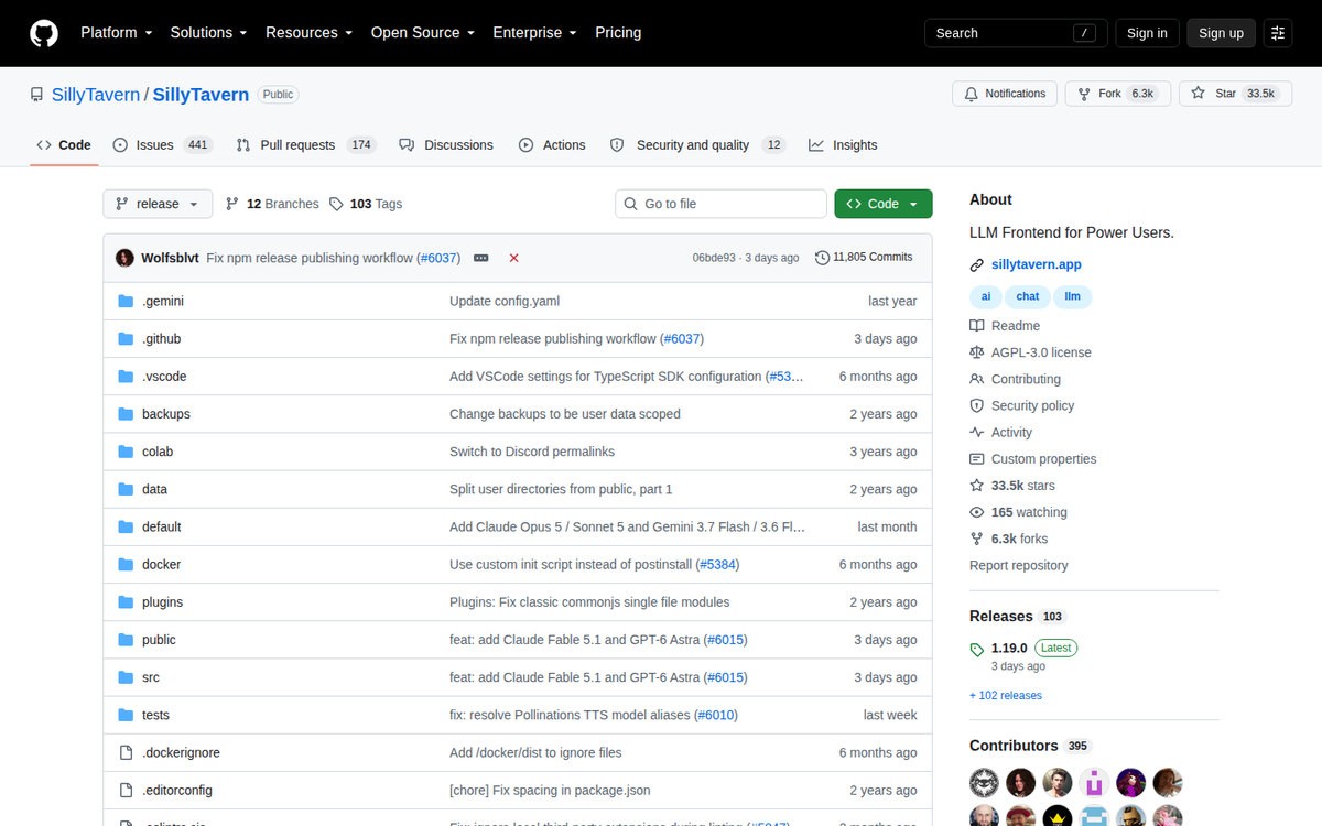 The SillyTavern repository on GitHub, where the project is distributed free under AGPL-3.0, September 2026.