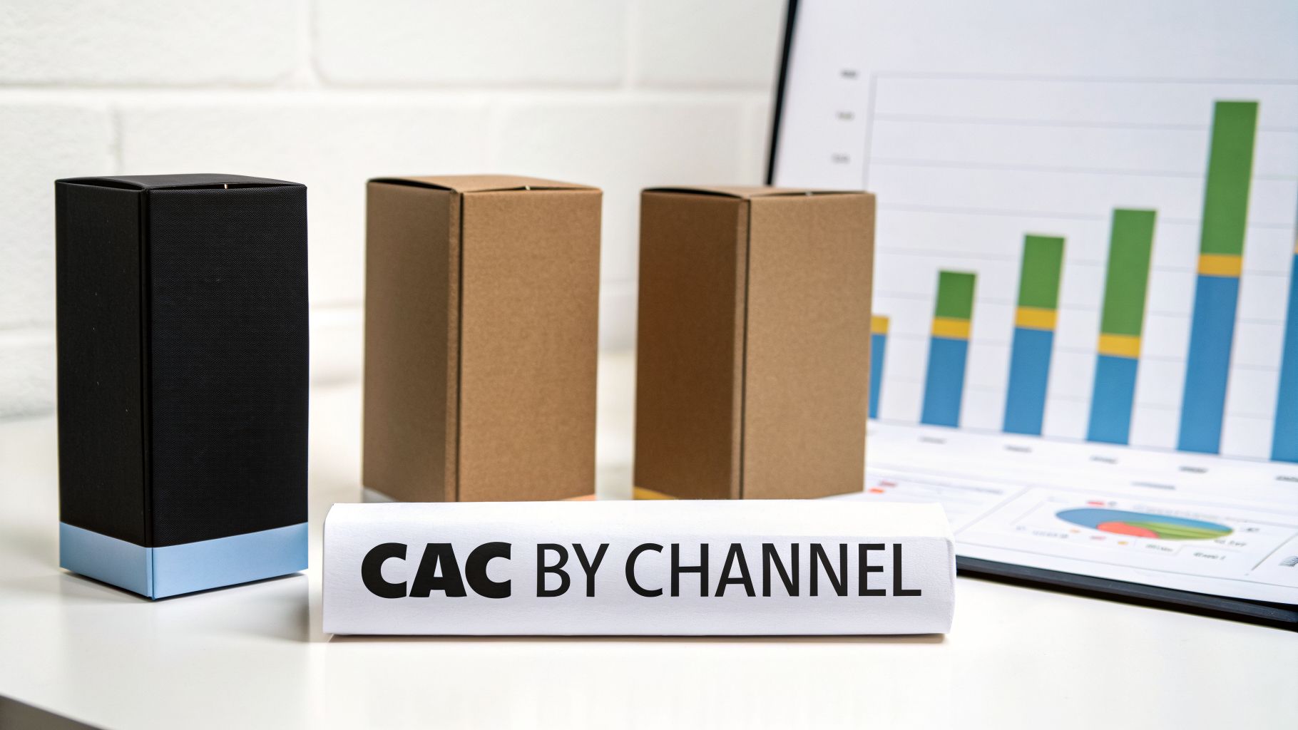 Three boxes and 'CAC by Channel' paper with business charts, showing customer acquisition cost analysis.
