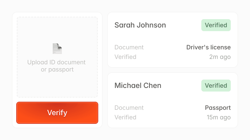 User verification screen showing uploaded ID documents for Sarah Johnson (driver's license) and Michael Chen (passport).