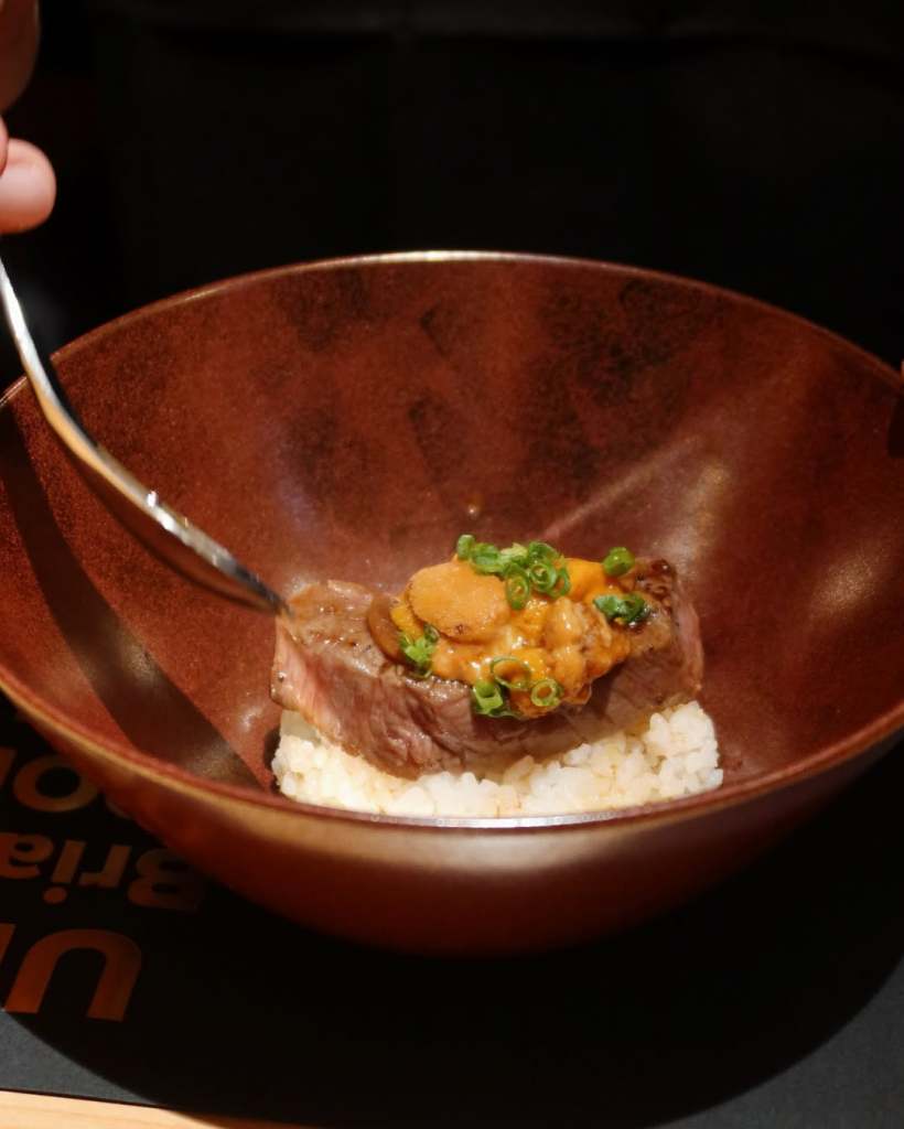 A close-up of a dish featuring tender beef topped with a savory sauce and garnished with green onions, served over a bed of rice in a brown bowl.