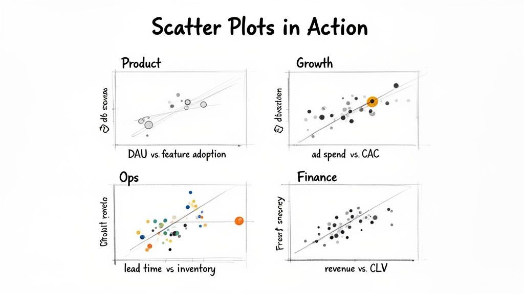 Hand-drawn illustration of four scatter plots demonstrating their use across product, growth, operations, and finance.
