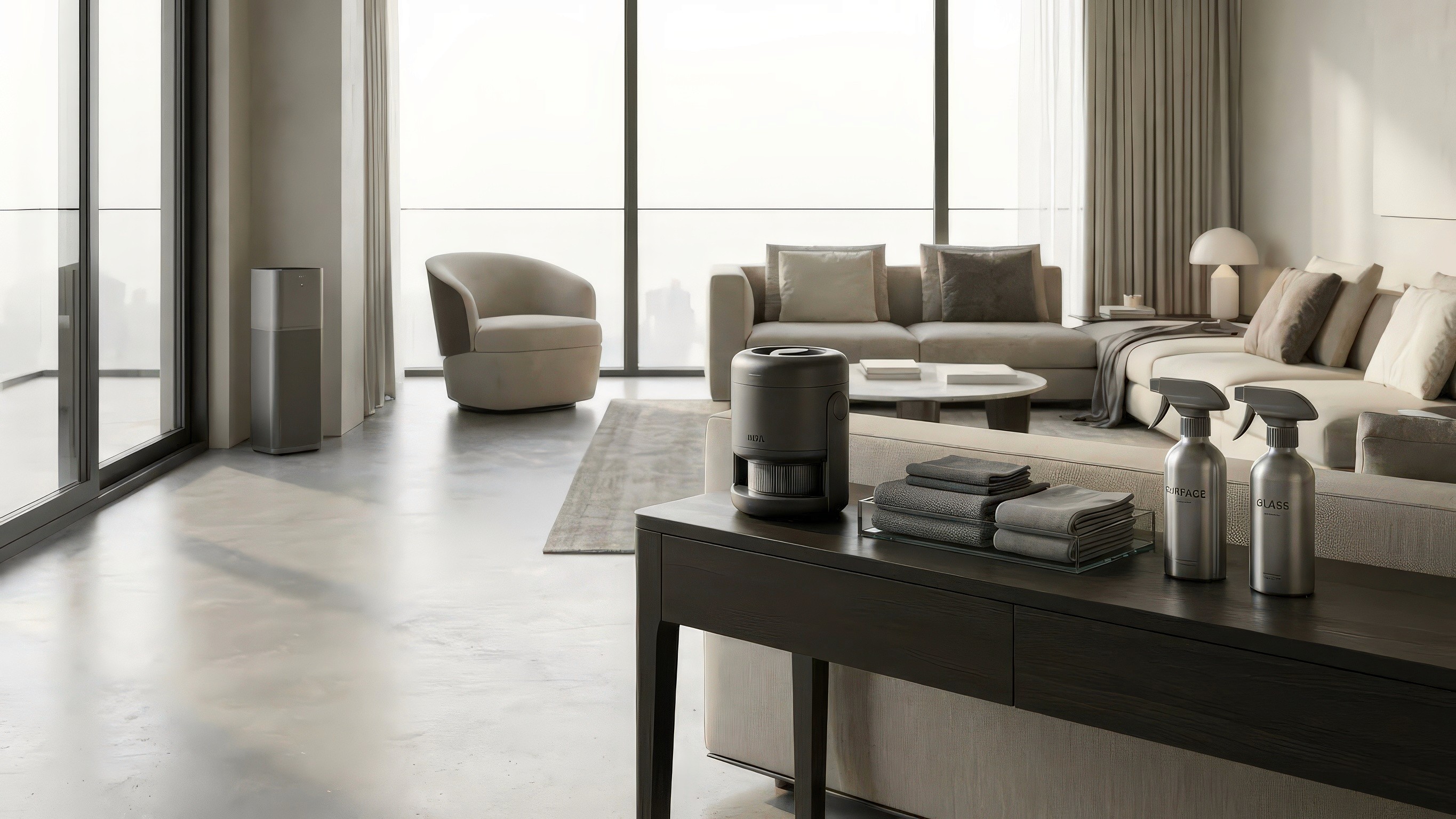 modern living room and kitchen with wooden cabinets and soft natural light