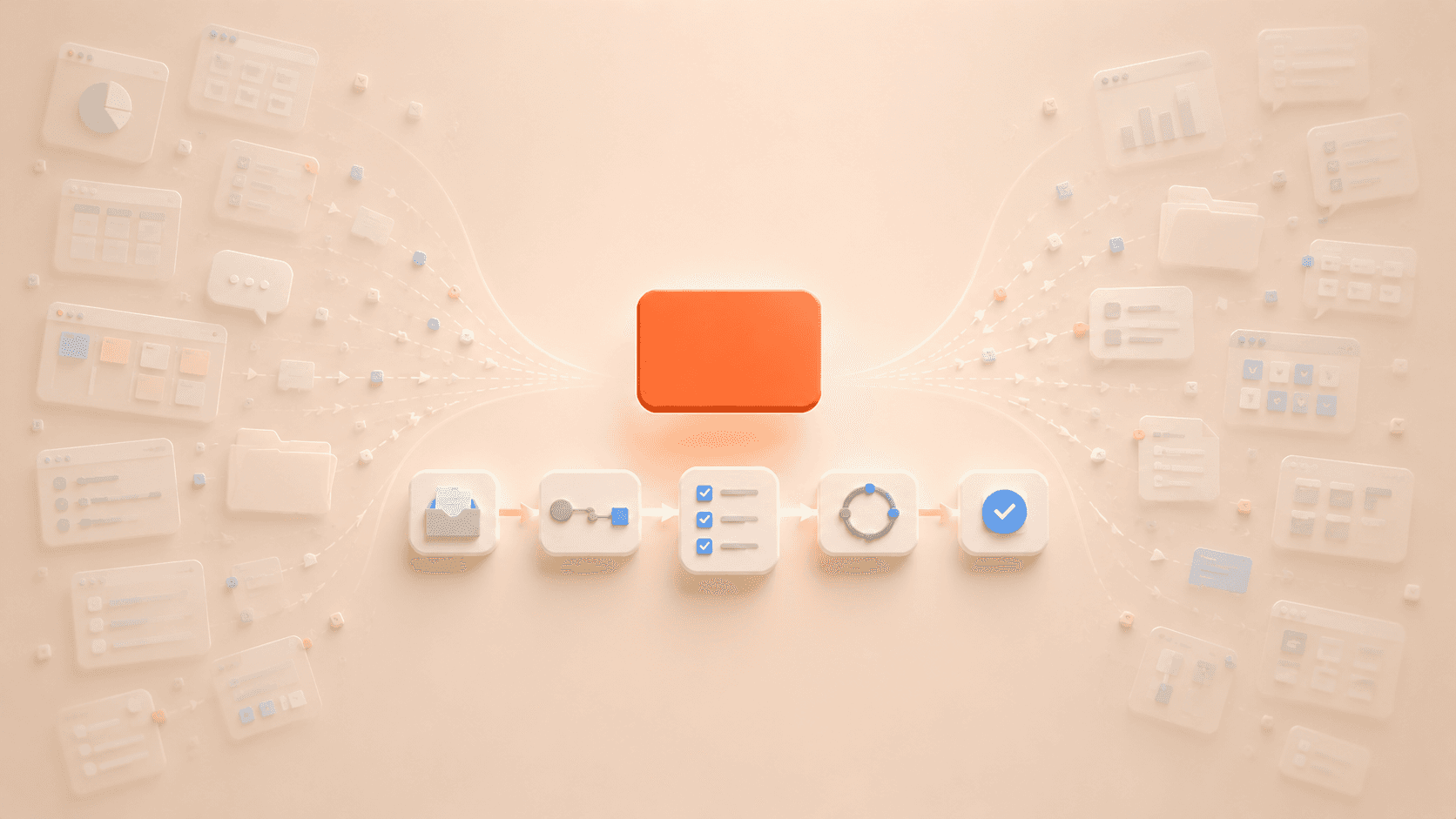 Minimalistische 3D-Illustration mit einer schwebenden korallfarbenen Fokuskarte über einem klaren Workflow aus wenigen geordneten Prozessblöcken. Transparente Dashboard-, Nachrichten-, Ordner- und Aufgabenfragmente verblassen an den äußeren Rändern des warmen cremebeigen Hintergrunds, während nur wenige zentrale Checklisten- und Prozess-Elemente zur Mitte geführt werden und die Reduktion von Business-Chaos durch klare Abläufe statt zusätzliche Tools symbolisieren.