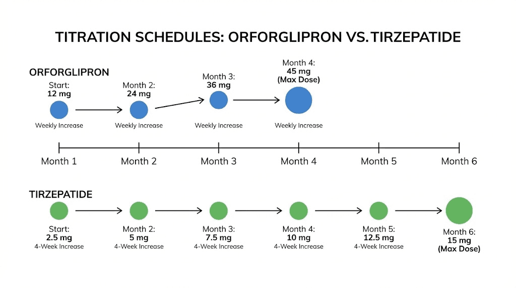 Orforglipron daily dosing versus tirzepatide weekly dosing titration schedule comparison