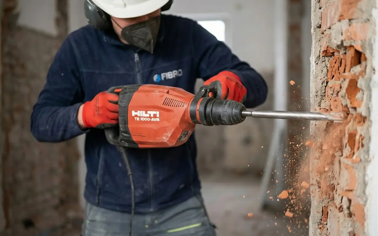 Arbeiter bei Abbrucharbeiten mit Bohrhammer beim Entfernen einer Ziegelwand im Innenbereich