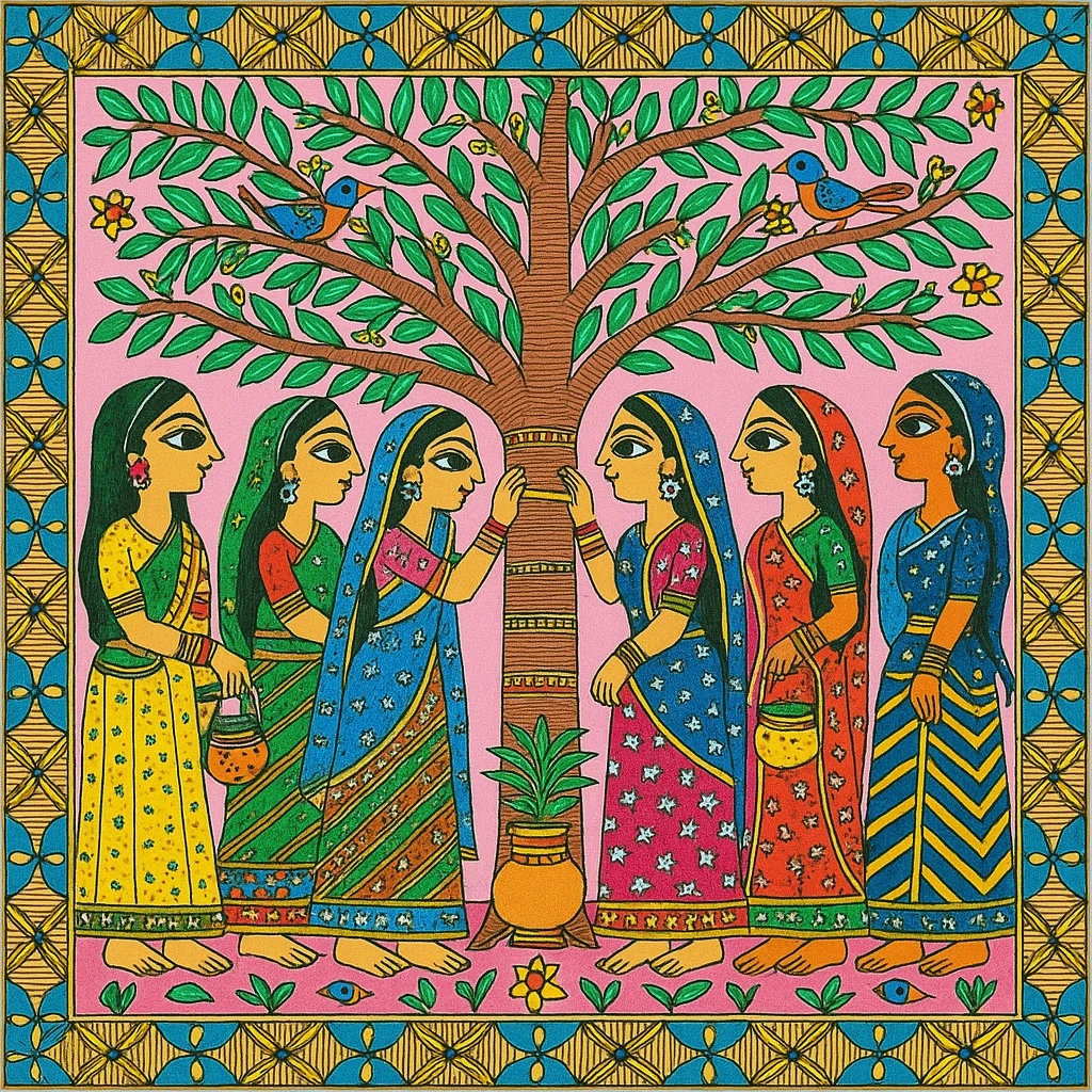 Women worshipping the banyan tree, tying threads around it for BatSavitri, also called Barsait Puja