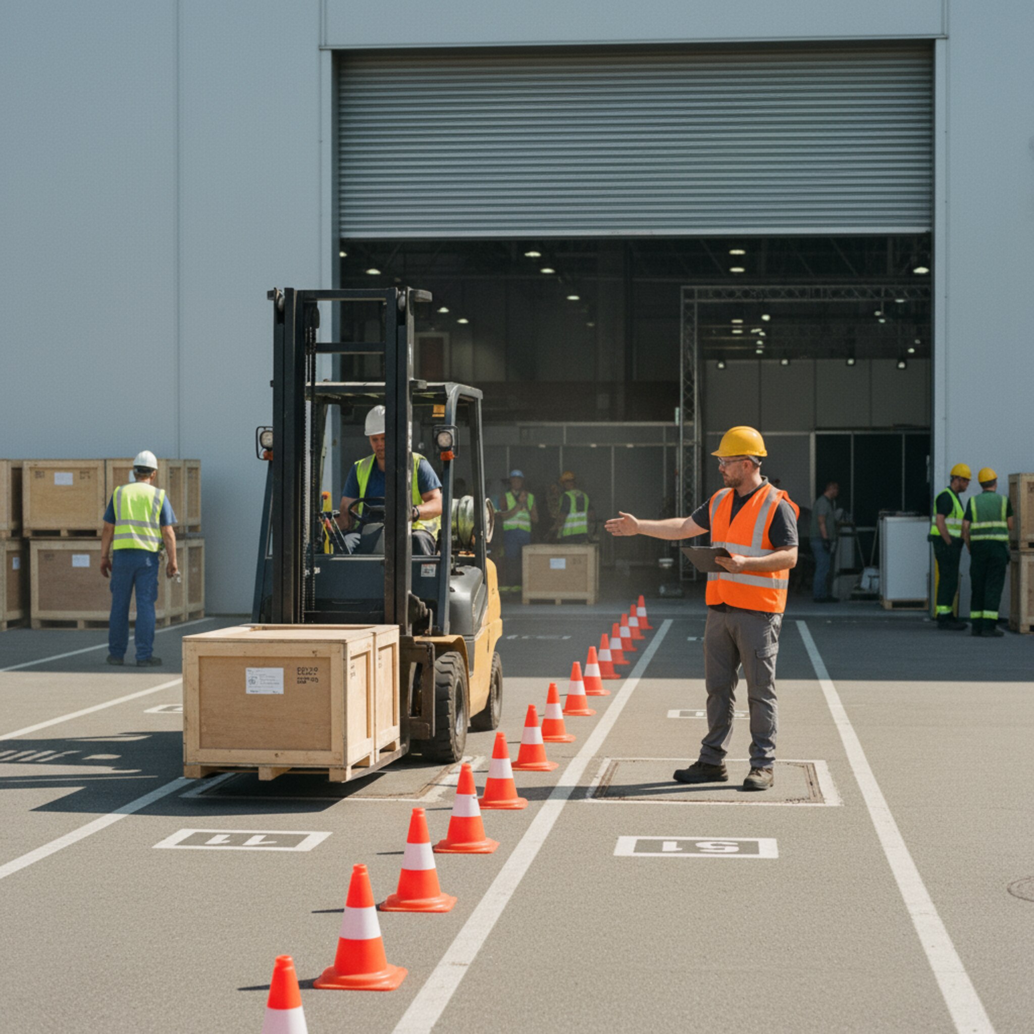 Am Ladehof senkt ein Gabelstapler vorsichtig Holzkisten auf eine nummerierte Fläche. Ein Disponent mit Warnweste zeigt den nächsten Slot an. Orange Kegel begrenzen die Route und halten Wege frei. Im Hintergrund öffnet sich das Hallentor zur aufgebauten Ausstellung.