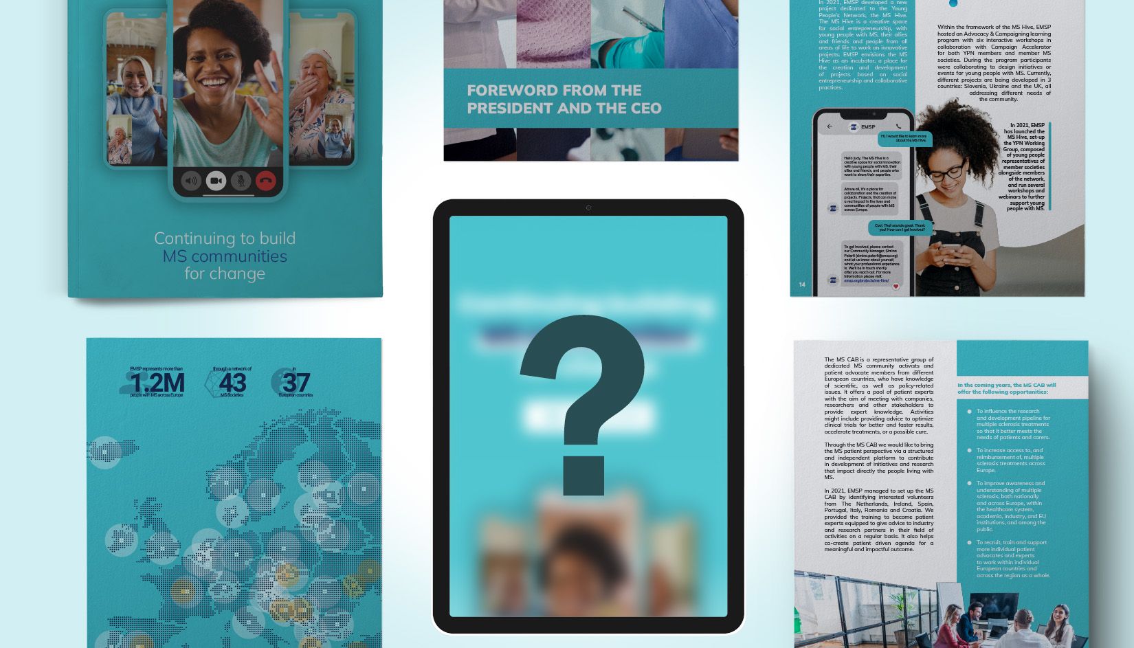 EMSP Annual Report 2021 in print with a tablet in the middle showing a big question mark
