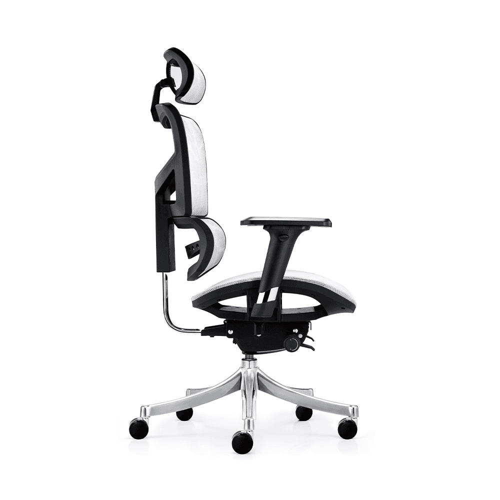 Ergonomic mesh office chair in white and black with adjustable headrest, 3D lumbar support, and chrome 5-star base - side view