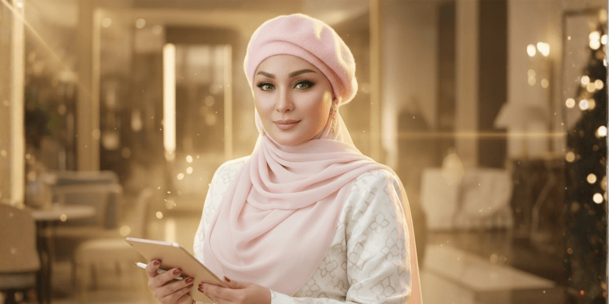 The image shows Suria Sparks, founder of Beauty CEO, in a soft pink beret and scarf, holding a tablet, exuding confidence and empowerment.