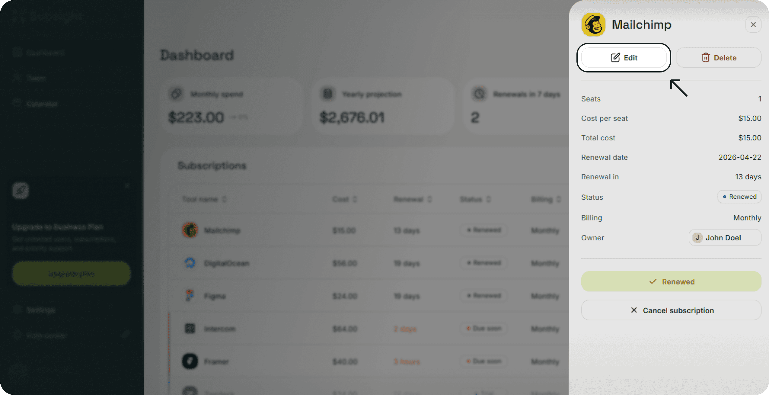 Subsight subscription details panel with edit button next to tool name.