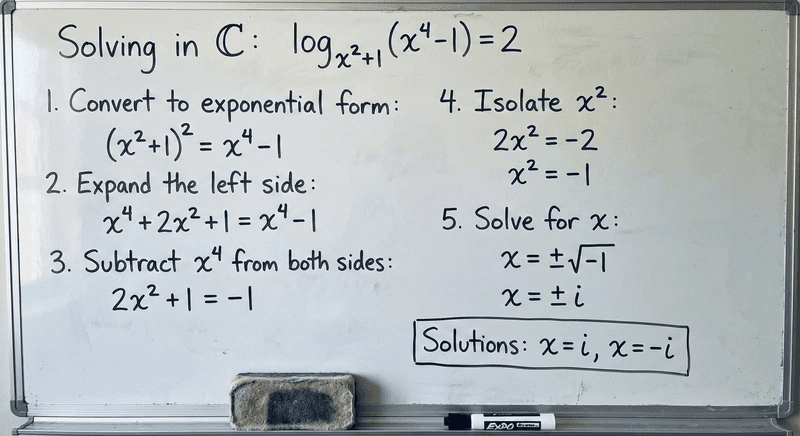 "Solve log_{x^2+1}(x^4-1)=2 in C on a white board. Show the steps clearly."