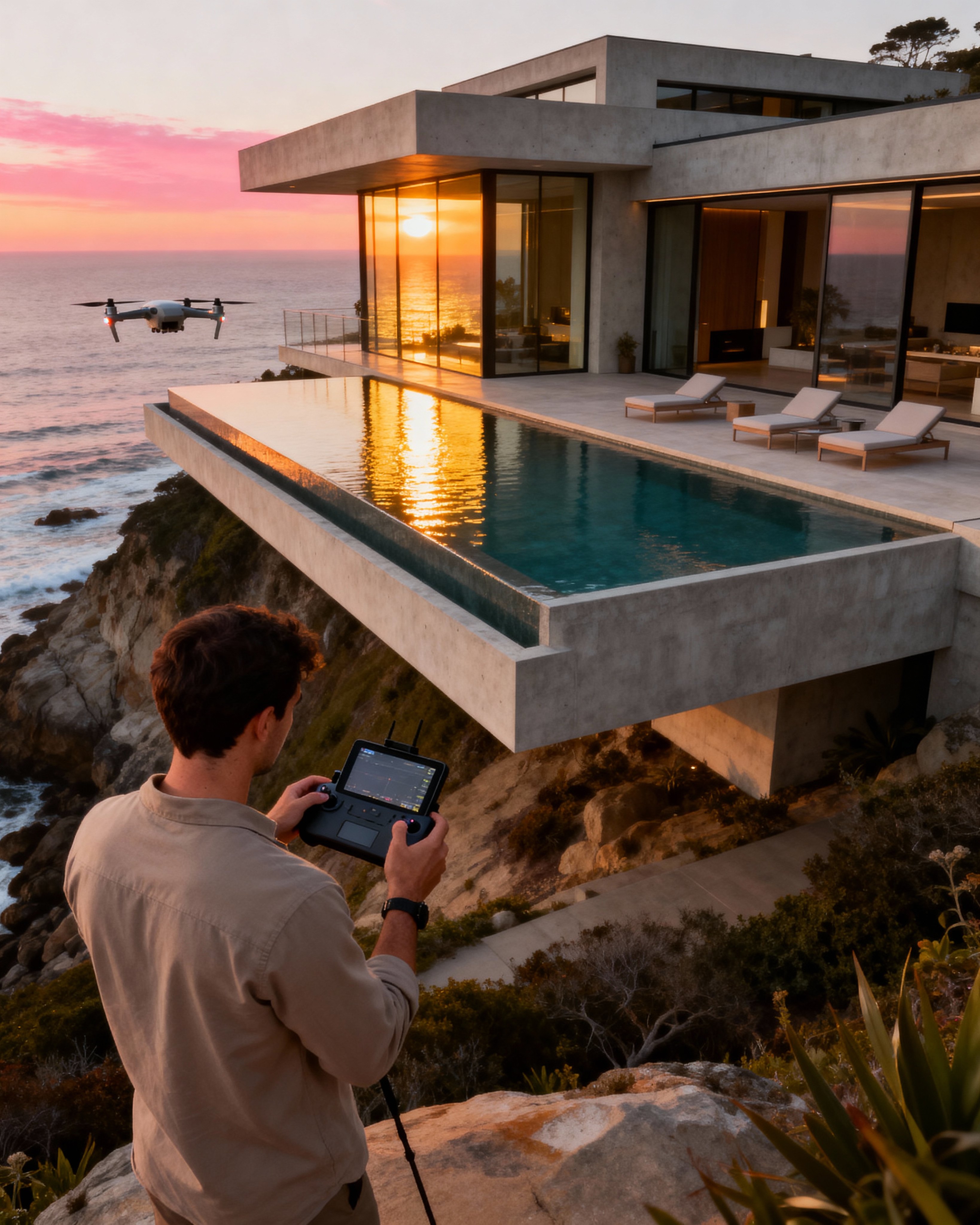 Drone operator filming a modern coastal home at sunset, capturing cinematic aerial footage above the cliffs and ocean.
