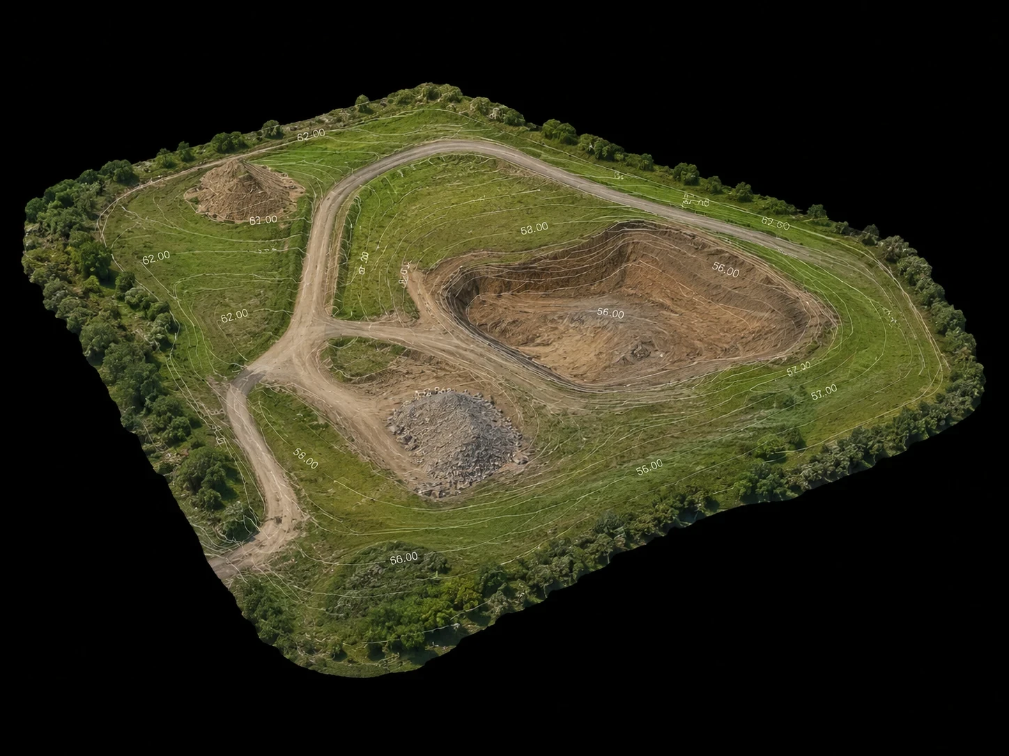 Orthomosaic-style overhead view of a construction site showing haul roads and compounds
