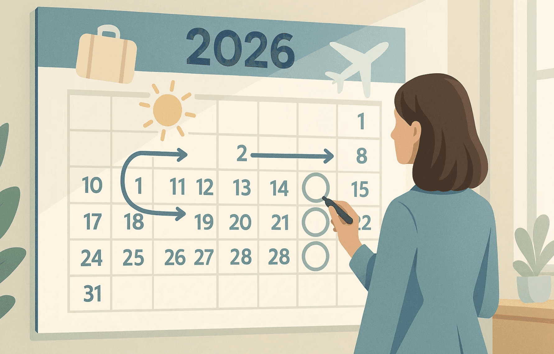 Illustration éditoriale d’un salarié planifiant ses vacances devant un calendrier 2026 : jours fériés entourés, ponts reliés par des flèches, icônes de valise et soleil. Thème : comment poser ses congés 2026 pour optimiser ses jours de repos.
