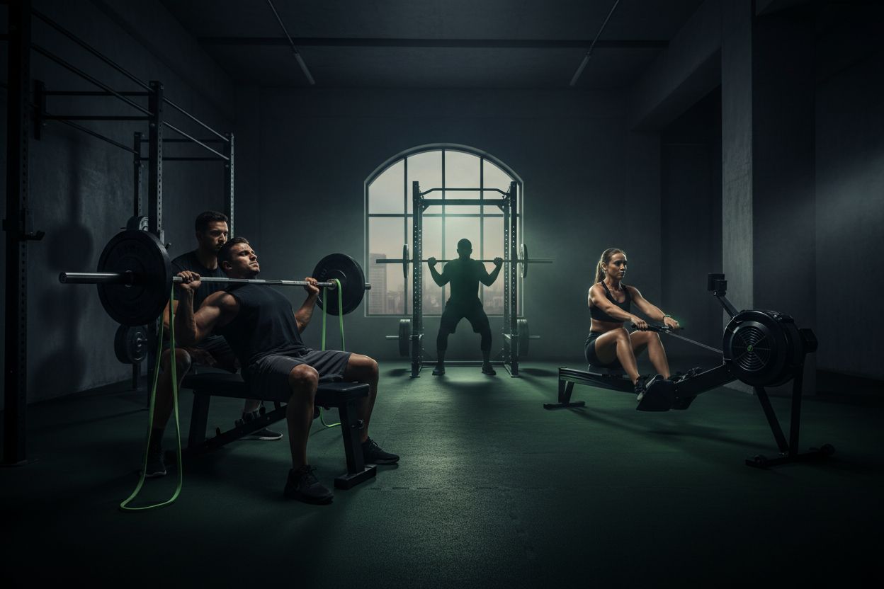 People training push, pull and legs exercises