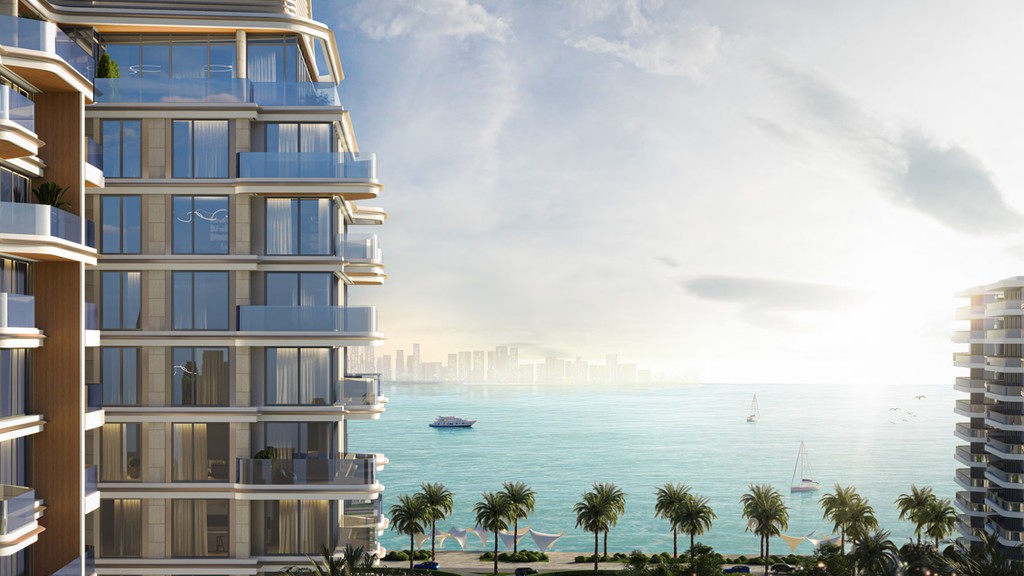 Illustration of Edgewater Residences, featuring a tall building with lush palm trees in the foreground.