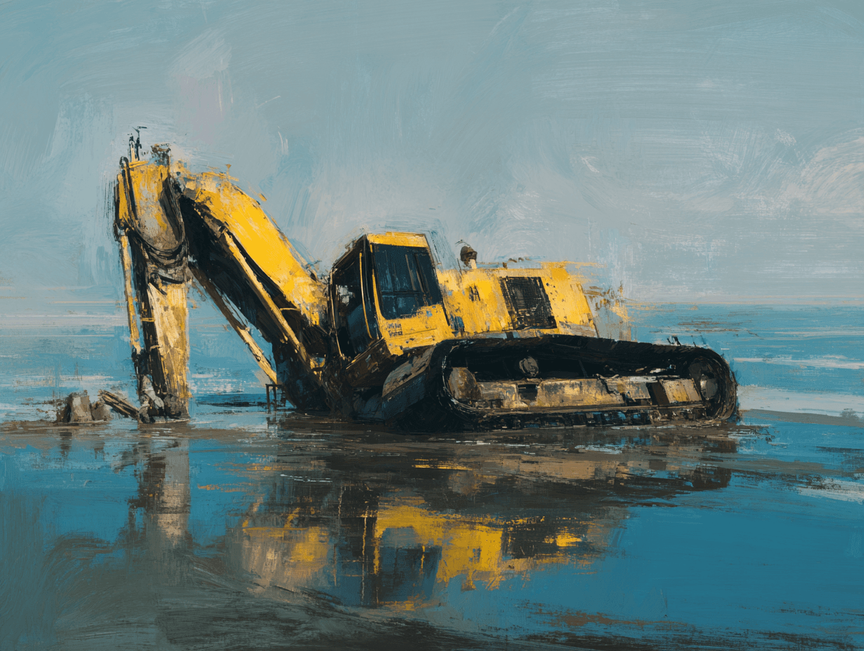 An impressionist digital painting depicts a large yellow excavator stuck in shallow water or mud. The worn machine leans slightly, reflecting in the still surface below. The soft brushstrokes and muted blue and yellow tones convey a sense of abandonment, struggle, and decay.