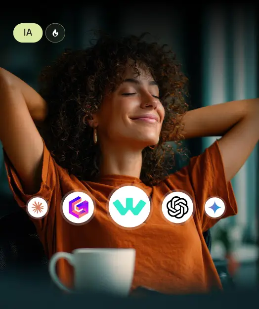 Mulher tranquila trabalhando com IAs