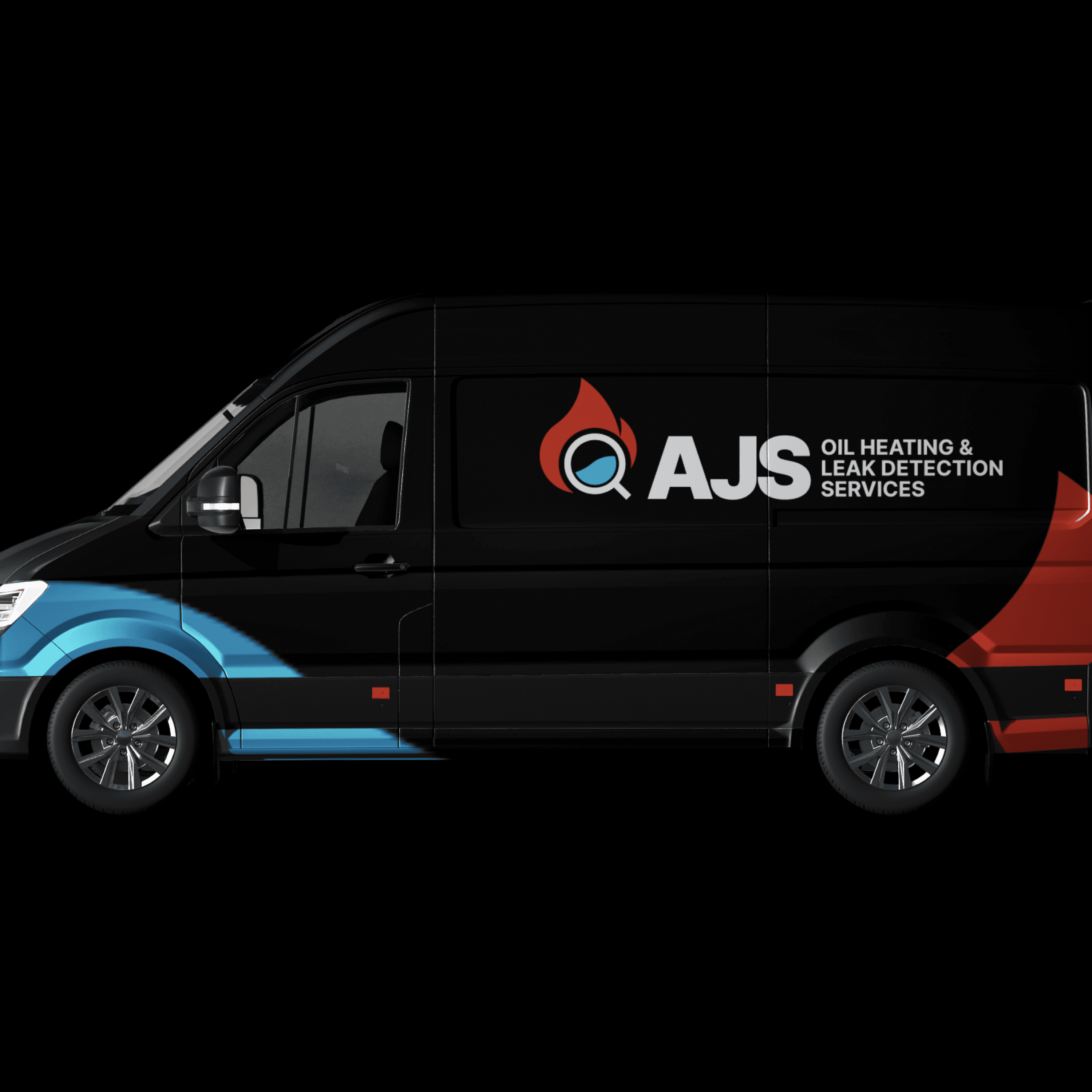 AJS Oil Heating and Leak Detection van livery design mockup featuring black, red, and blue brand colours with logo and full company name