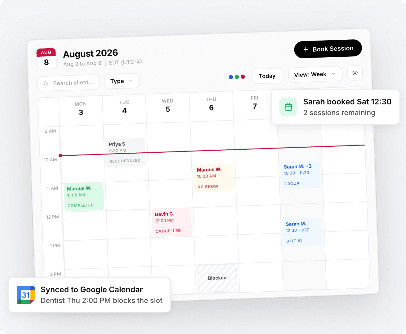 FitCentral scheduling calendar with booked coaching sessions