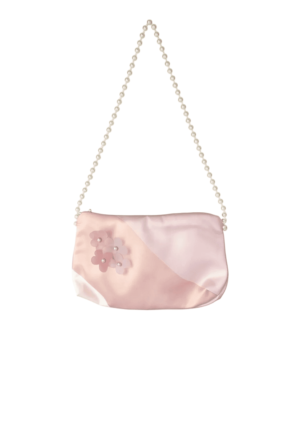 Pink handbag with floral design and chain strap on a white background