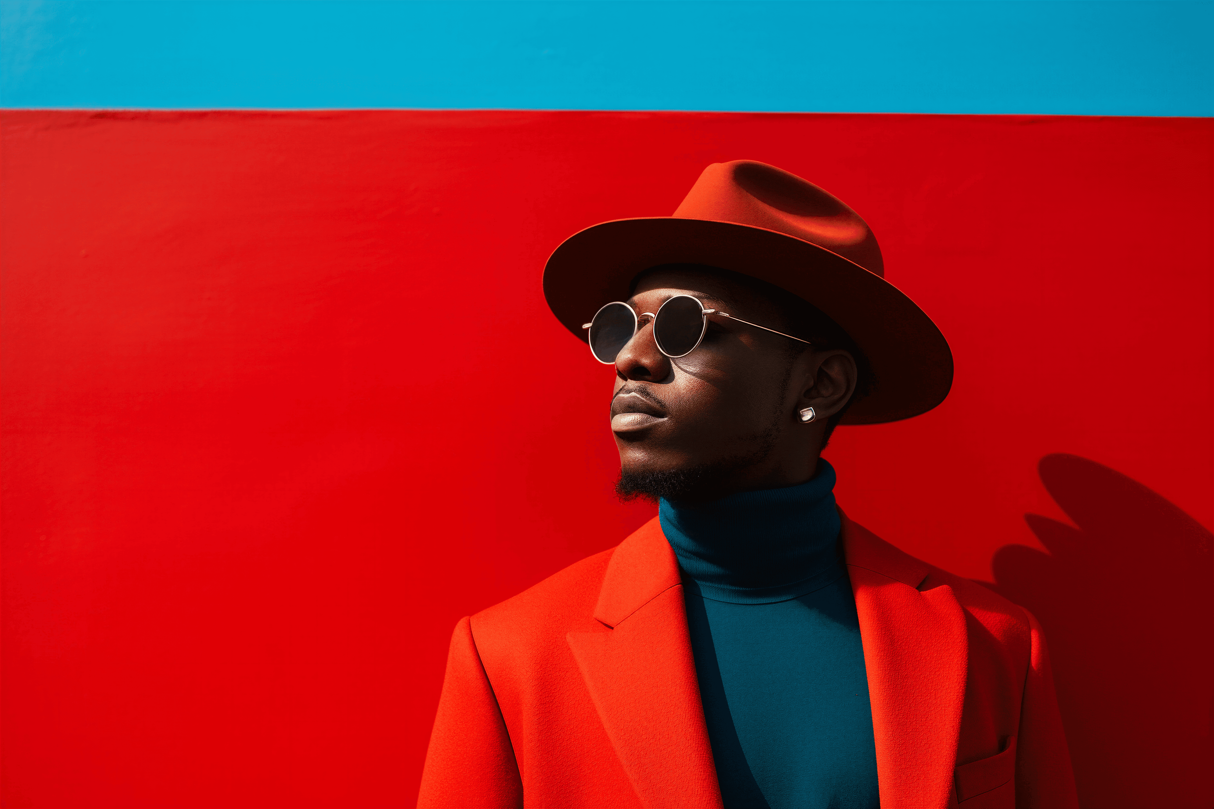 Bold editorial fashion portrait of model in houndstooth blazer with red tie and green shirt against bright turquoise background - Serif Creative Studio luxury fashion photography