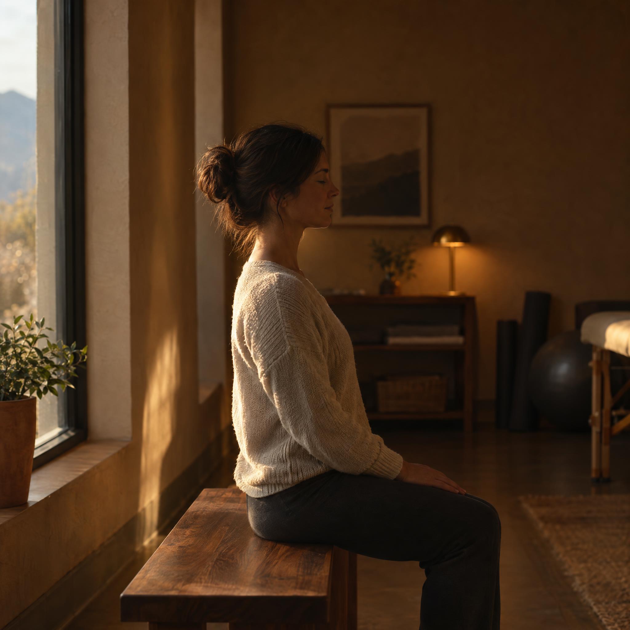 Woman seated on a walnut bench doing a chin tuck exercise for neck pain