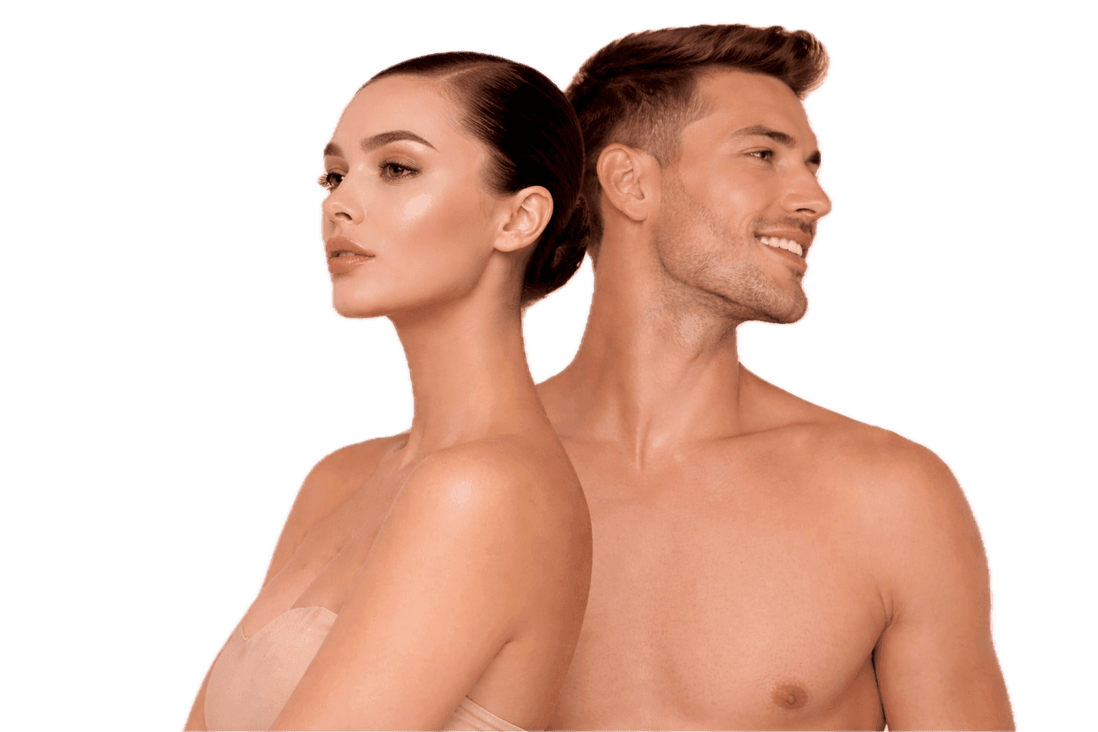Profile view of a beautiful woman and handsome man with perfect skin, side by side beauty portrait.