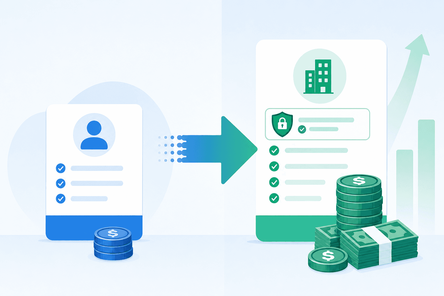 A clean business illustration showing SaaS pricing tiers and cost escalation. Split composition showing a simple basic plan card on the left with a low price, then an arrow pointing to an enterprise plan card on the right with a much higher price. Visual metaphor for the pricing jump when adding SSO/SAML features. Use stacks of coins or dollar bills of different heights to show the dramatic cost difference. Modern, minimalist style with blue and green accent colors. Professional, suitable for IT business documentation.
