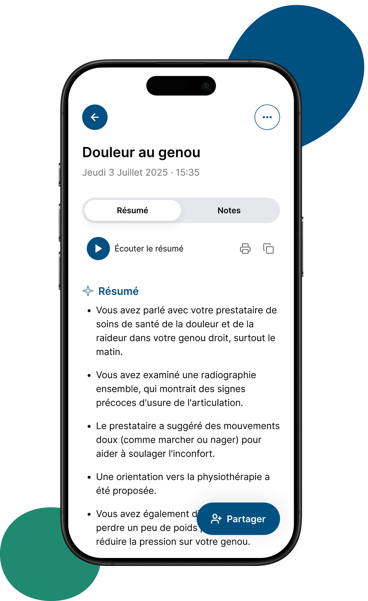 Interface de l'application Emilia sur téléphone cellulaire montrant un résumé d'une rencontre avec un médecin pour douleur au genou