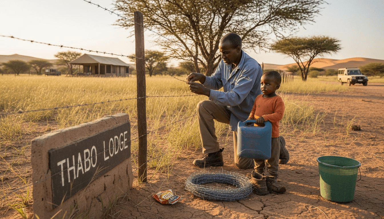 Villager repairing fence at conservation safari lodge
