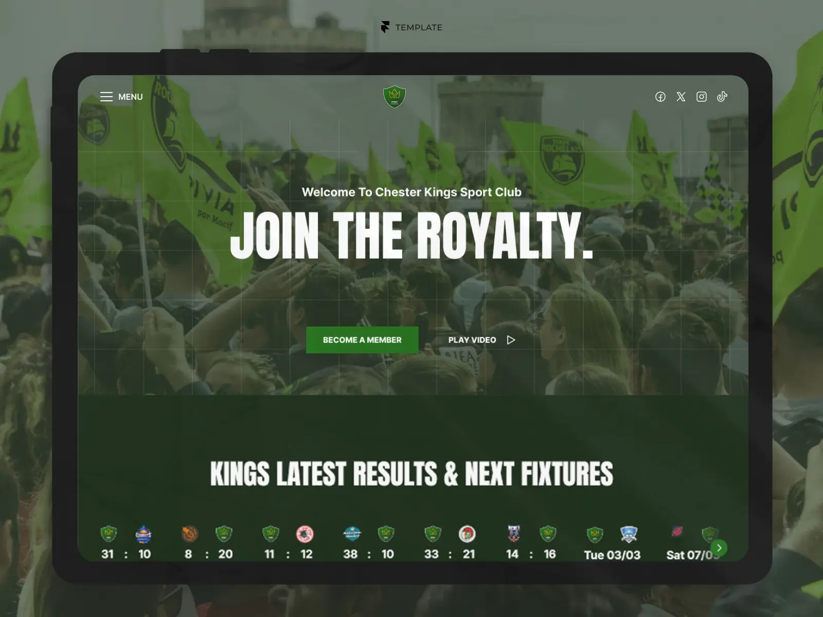Sports club Framer website template displayed on a tablet featuring a football club homepage with fixtures and membership.