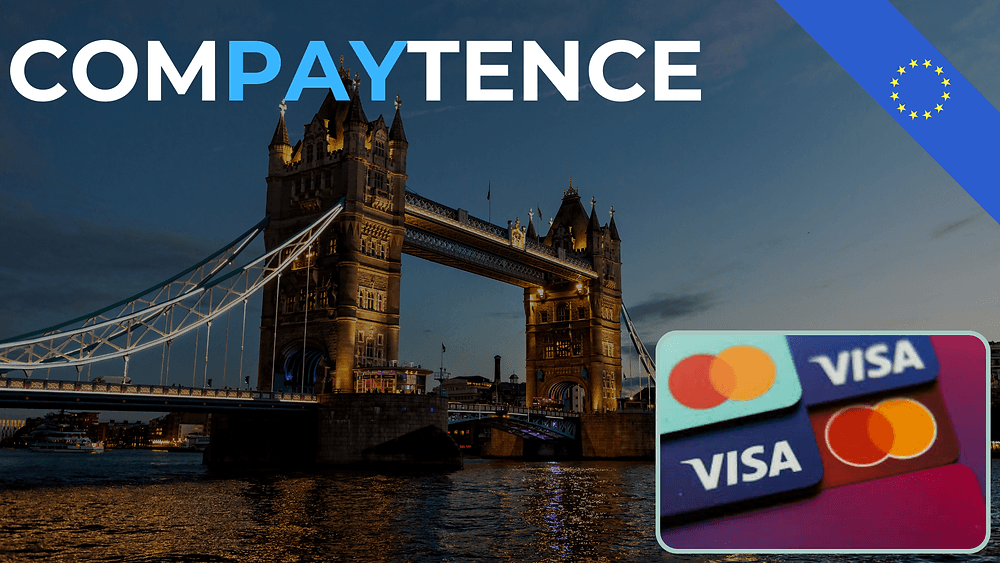 Tower Bridge in der Dämmerung mit EU-Flagge sowie Visa- und Mastercard-Karten, zum Brief über Europa und die Kartennetzwerke