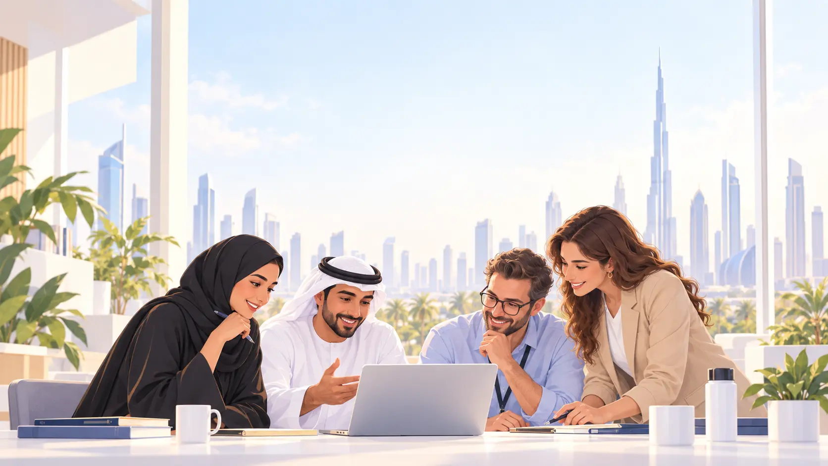4 students looking at a glowing tablet, illustrative