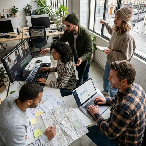 Équipe de consultants en agence à Paris analysant des parcours clients, des cartographies stratégiques et des tableaux de bord de performance sur plusieurs écrans et supports papier, illustrant notre expertise en génération de leads pour structurer vos services d’inbound marketing.