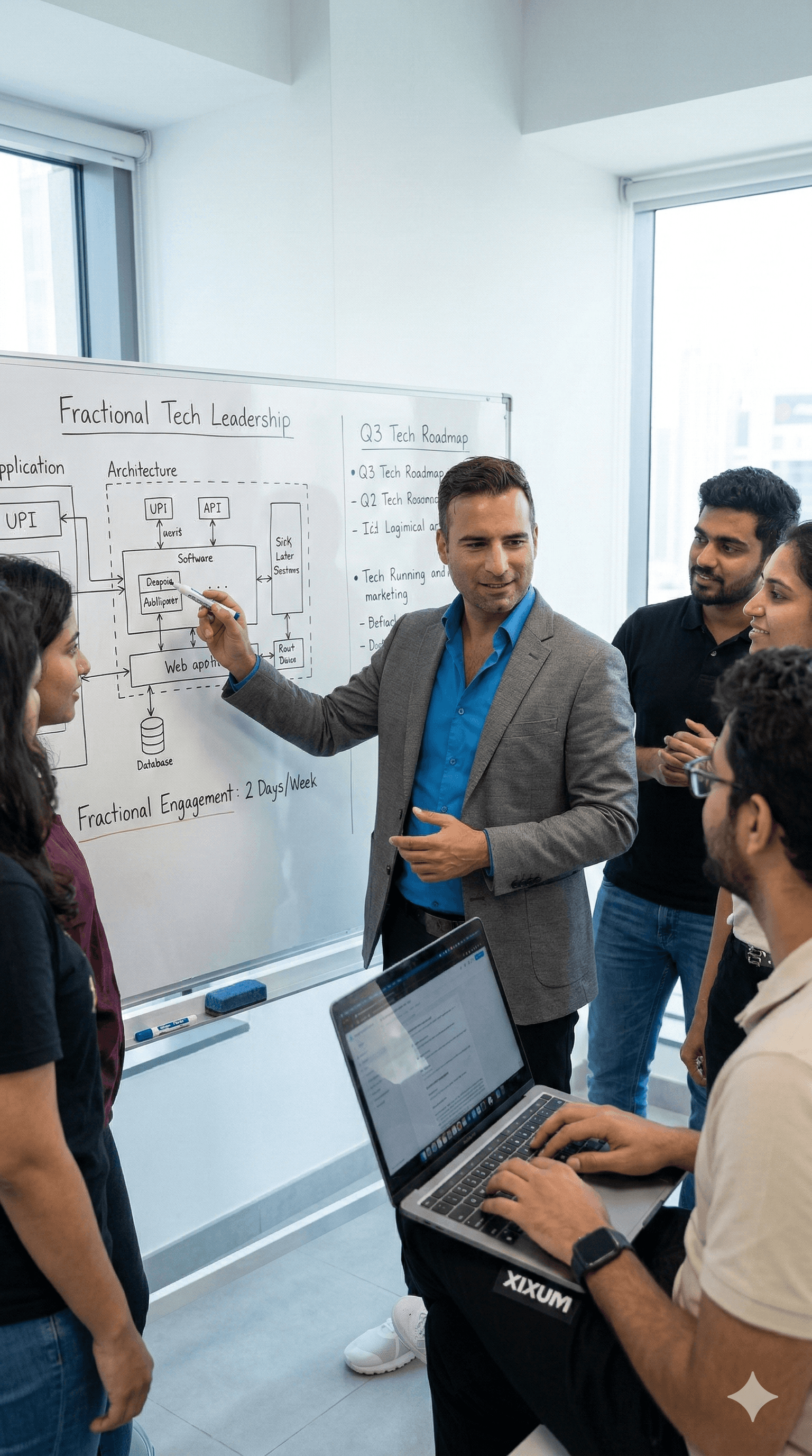 Two businessmen sitting at a table discussing work while looking at a laptop, in a bright office with natural light.