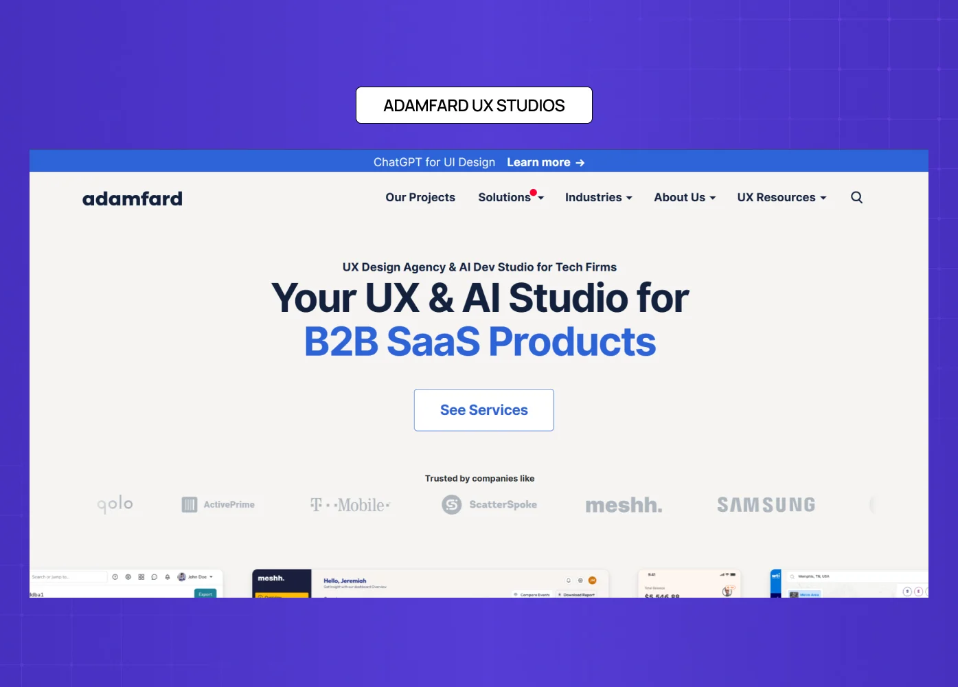 Adam Fard UX and AI design studio homepage highlighting B2B SaaS product expertise. 