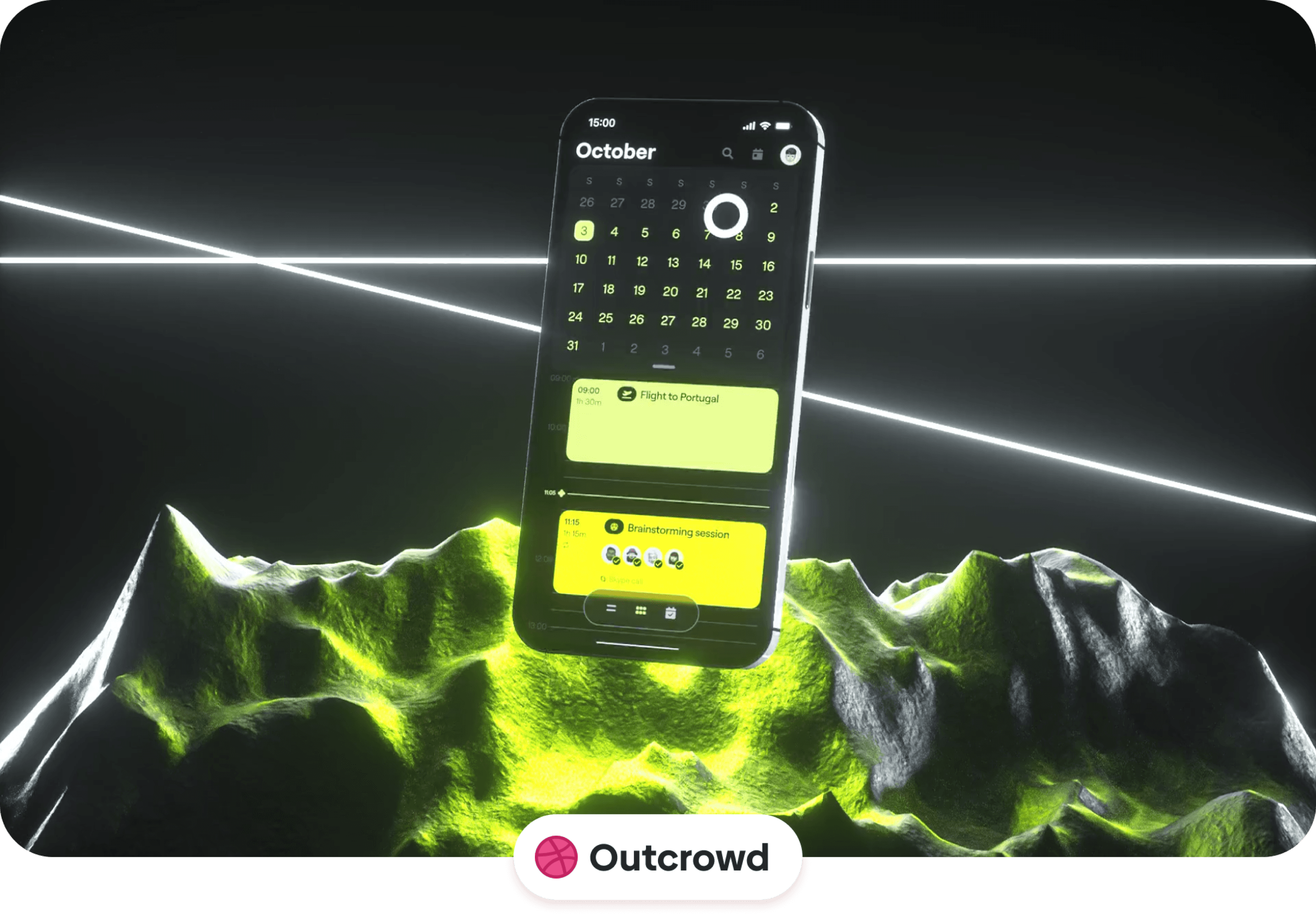 Futuristic 3D scene featuring a floating smartphone displaying a dark-mode October calendar UI with neon yellow event cards, hovering above glowing green digital mountains with bright white laser lines in the background — modern mobile app interface design concept.