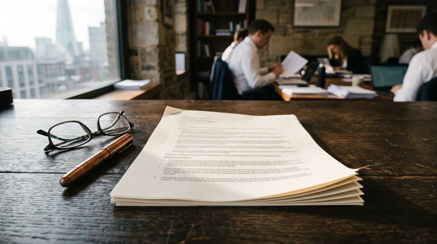 A stack of memo papers, glasses and a pen on a dark wood table